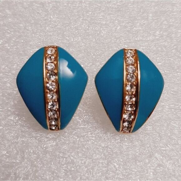 VENDOME Signed Vintage Turquoise Blue Enamel Post Earrings & Rhinestones Jewelry - Picture 3 of 14